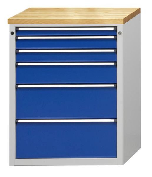 Armoire à tiroirs ANKE; 765 x 700 x 1020 mm; RAL 7035/5010; Plateau en hêtre massif 40 mm; 6 tiroirs 60, 90, 90, 150, 240, 270 mm, 610.011