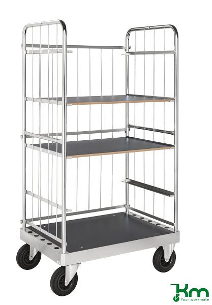 Chariot Kongamek multi-étagères, 2 roulettes fixes et 2 pivotantes en caoutchouc plein avec freins, 1000 x 700 x 1900 mm, 3 étagères, KM140-2B