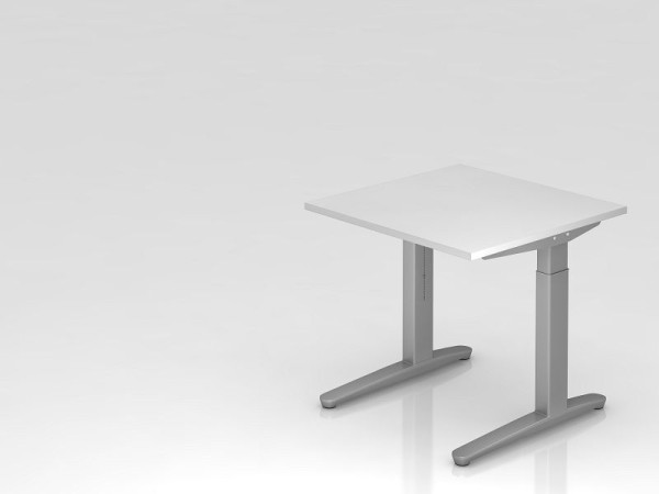 Bureau Hammerbacher pied C 80x80cm blanc/argent, coulisses en aluminium argent (similaire à RAL 9006), VXB08/W/SS