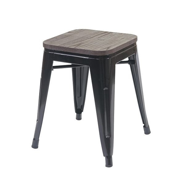 Tabouret Mendler HWC-A73 avec siège en bois, tabouret en métal, design industriel en métal empilable, noir, 74908