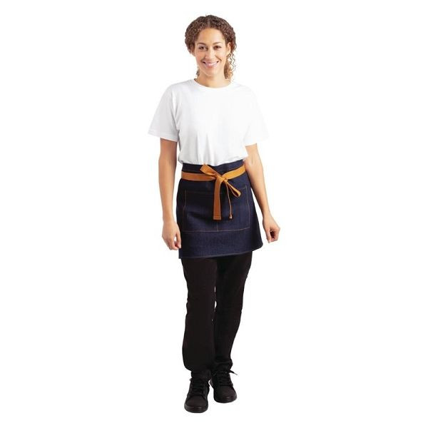 Tablier bistrot court Southside bleu denim avec rubans marron clair, BB465