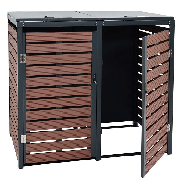 Mendler HWC-K14 2er revêtement de poubelle, couvercle de poubelle, 112x63x78cm WPC métal 78kg, aspect bois de noyer, 87651 + 87650