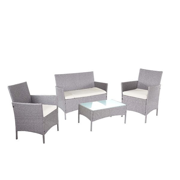 Mendler 2-1-1 ensemble de jardin en polyrotin Halden, ensemble de salon canapé, gris, coussins crème, 64303+64279+64309