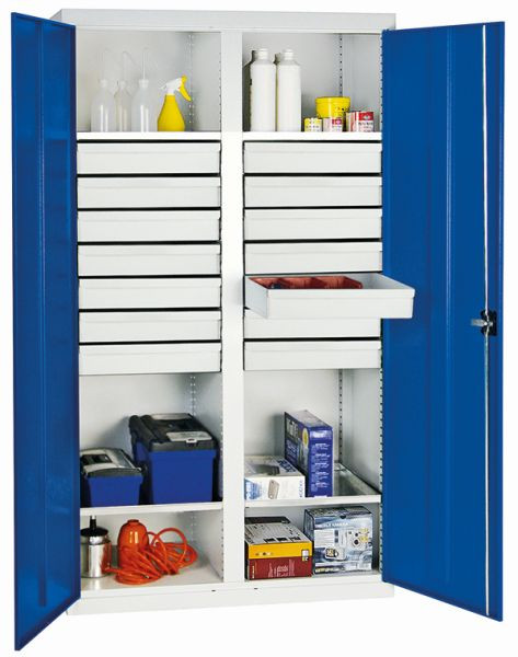 armoire à outils et matériaux contondants série 2000, 7035/5010, 14 tiroirs, cloison centrale, 4 étagères, 2004474