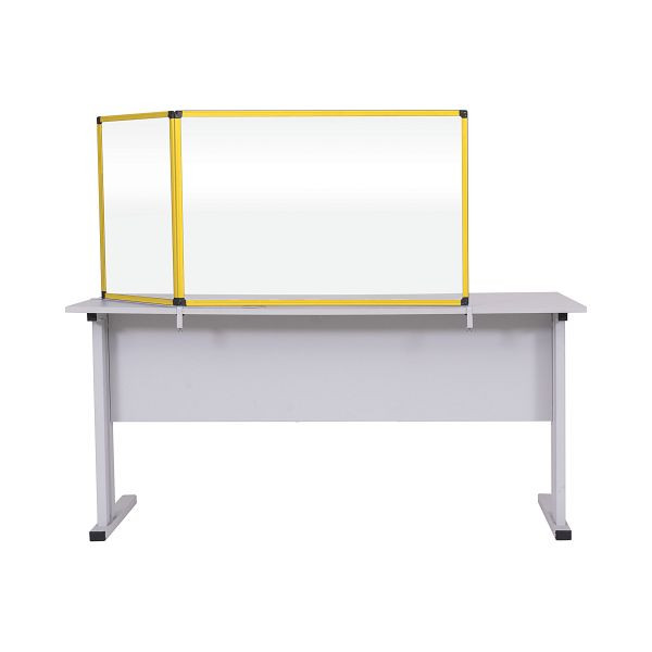 Cloison Bi-Office Duo, pare-éclaboussures acrylique, deux panneaux, angle du deuxième panneau réglable, cadre en aluminium jaune, 90x60cm et 45x60cm, AC03209131