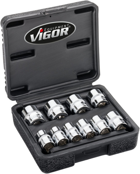 Jeu de clés à douille double six pans VIGOR, carré creux 10 mm (3/8 pouce), profil extérieur double six pans, nombre d'outils : 10, V7538/10