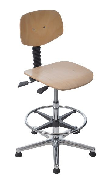 Chaise de travail Lotz "Série Confort" assise/dossier hêtre naturel, ressort à gaz de sécurité, base en aluminium, patins au sol, hauteur d'assise 480-660mm, 8435.02A