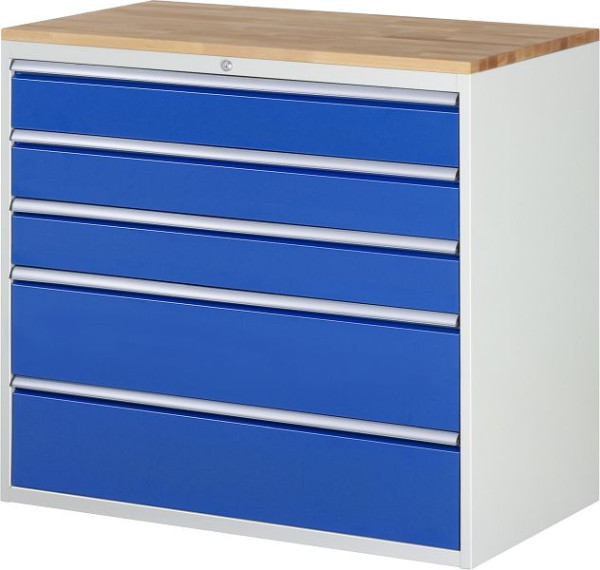 Armoire à tiroirs RAU série 7000, L1145 x P650 x H1035mm, tiroirs : 3xH150, 2xH240 mm, plan de travail en hêtre massif, épaisseur 25mm, 03-XXL7.4A-B.11