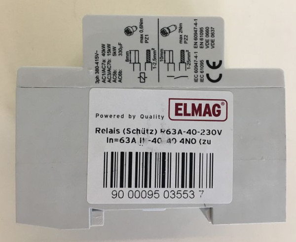 Relais ELMAG (contacteur) R63A-40-230V 4P, In=63A IK-40-40 4NO (pour surveillance ISO), 9503553