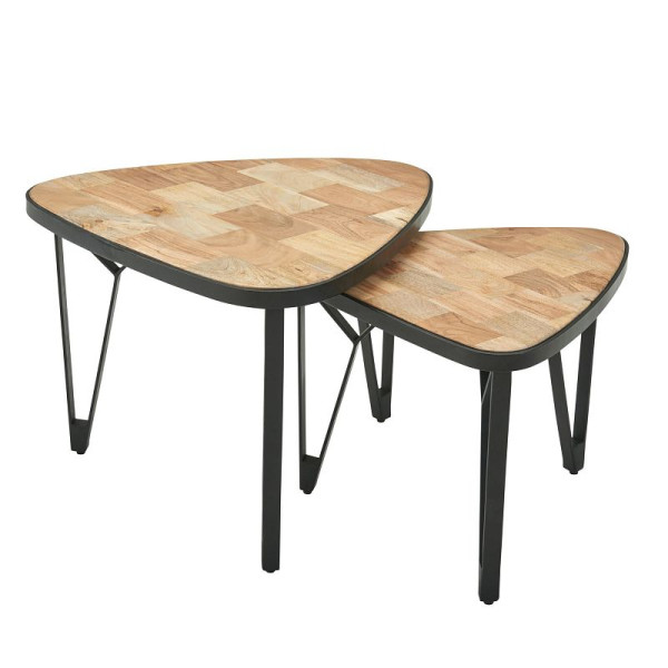Wohnling Design set de 2 tables basses en bois massif manguier/acacia, triangulaire, avec pieds en métal, 2 pièces, WL6.348