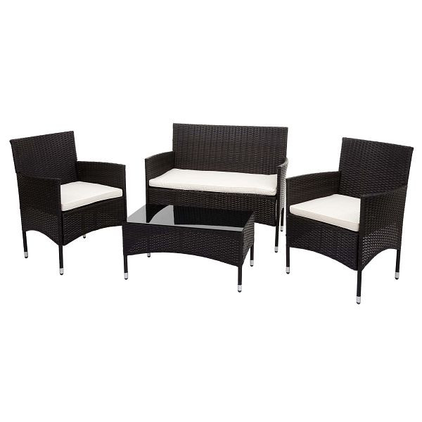 Ensemble en rotin synthétique Mendler HWC-F55, ensemble de canapés pour balcon/jardin/salon, marron, coussins crème, 76114