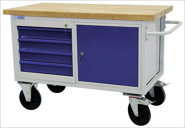 Etabli mobile ADB "type chariot de table" avec 1 porte et 4 tiroirs, 840x1300x600 mm, couleur chariot de table : gris clair, couleur porte/tiroir : bleu clair, 42742