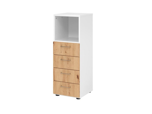 Armoire à tiroirs Hammerbacher 3OH, 4 tiroirs 934S4 BS, corps : blanc / façade : chêne noueux, 40x41,7x110 cm (LxPxH), 4 tiroirs, poignée en métal BS, V934S4/W/R/BS