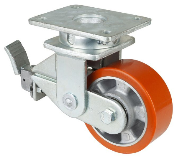 Roulettes BS Roulettes fortes charges à ressorts avec freins, largeur 50 mm, Ø125 mm, jusqu'à 450 kg, polyuréthane coulé 95 Shore A, aluminium, roulements à billes, T120.B90.125