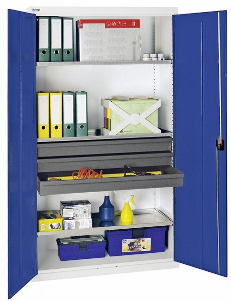 armoire à outils et matériaux contondants série 3000, 7035/5010, 3 tiroirs 100 mm, 3 étagères à plateaux partout, 3008274