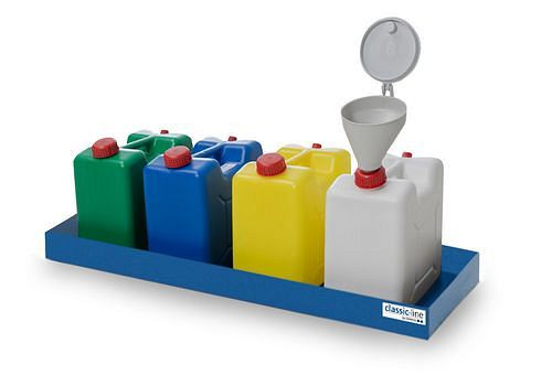 Station de collecte DENIOS, avec égouttoir en acier, 4 bidons, entonnoir, 281-977