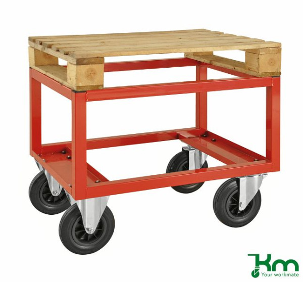 Chariot à palette Kongamek - bas, 2 roulettes fixes et 2 pivotantes en caoutchouc plein avec freins, Rouge, 800 x 600 x 650 mm, KM221-HB