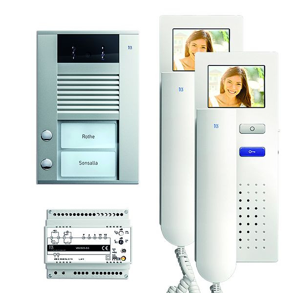 Vidéo interphone TCS : pack AP pour 2 logements, avec platine de rue AVD 2 boutons de sonnerie, 2x visiophone IVH3222, commande, PVE1520-0010