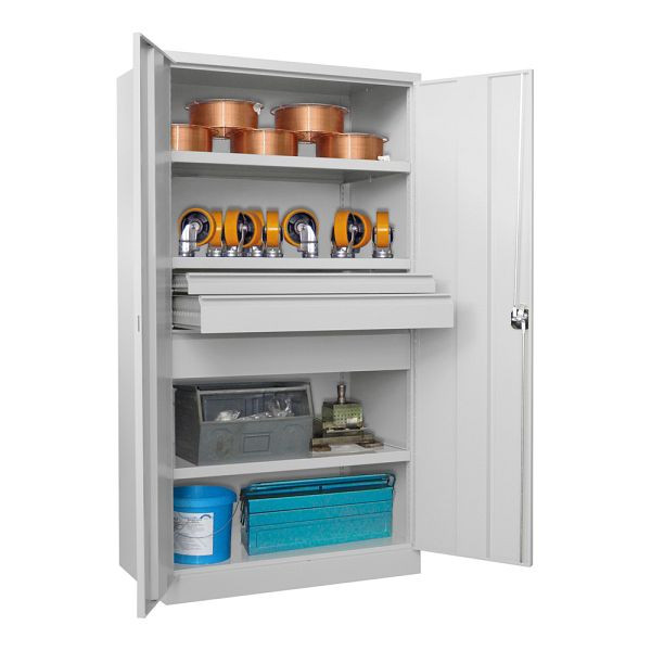 Armoire charges lourdes Pavoy 1950/1040/630, 3 étagères, 3 tiroirs, portes battantes, poignée rotative avec serrure à cylindre, 36365-104-005-611300