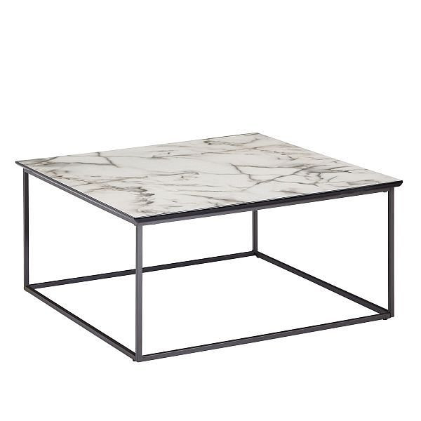 Table basse carrée Wohnling 80 x 38 x 80 cm aspect marbre blanc, avec structure en métal noir, WL6.233