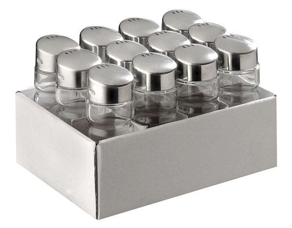 Shaker polyvalent APS, chacun Ø 3 cm, hauteur : 9 cm, 30 ml, récipient en verre, couvercle en acier inoxydable, 3 trous chacun, paquet de 12, 40505
