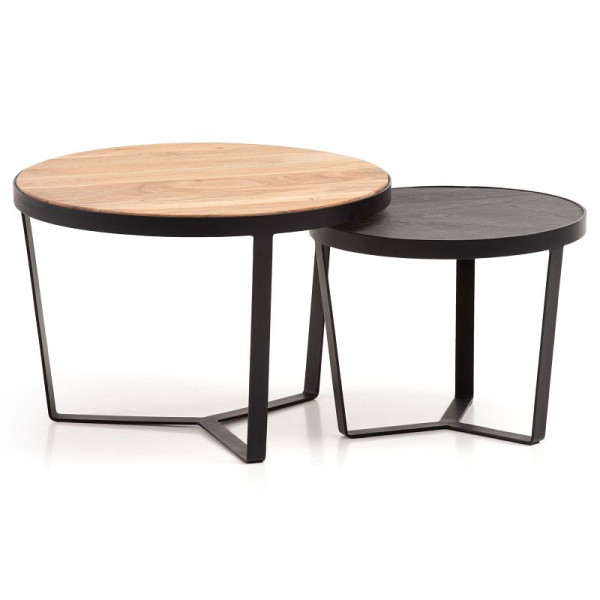 Wohnling Lot de 2 tables basses en bois d'acacia massif/aspect pierre, table de salon ronde, table gigogne avec structure en métal, table basse moderne, marron/anthracite, WL6.765