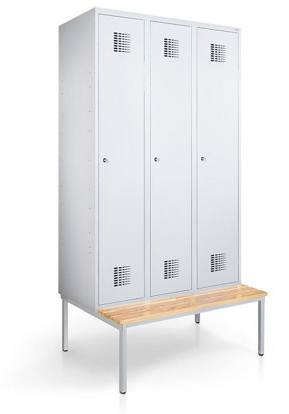 KEMMLIT casier 3 compartiments 30cm avec banc, gris clair 7035, loquet rotatif, 251858