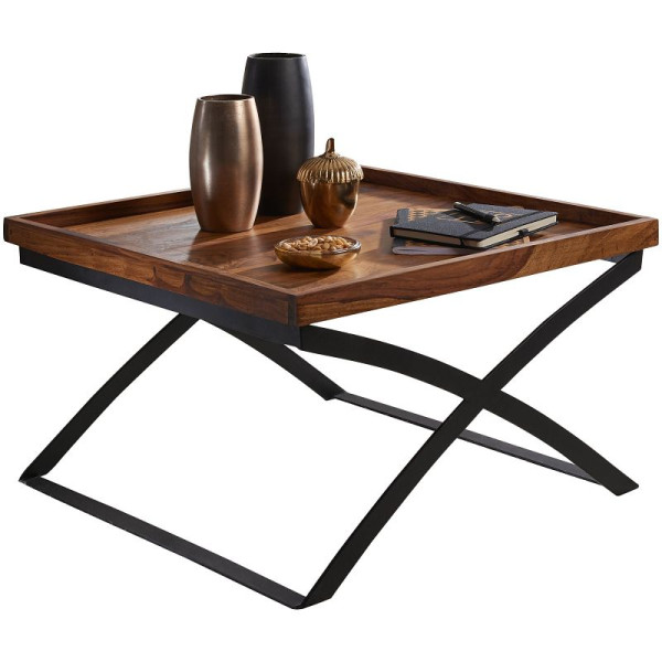 Table basse Wohnling 63x39x63cm bois massif Sheesham / métal, WL5.595