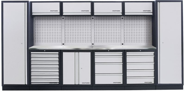 Kraftwerk MOBILIO Système d'armoires d'atelier à 6 éléments avec plan de travail en INOX inoxydable, avec paroi carrée perforée, 3964FIX