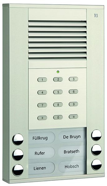 Platine de rue audio TCS série ASE 6 boutons de sonnette (alignés à droite/gauche) avec serrure à code intégrée, AP argent, ASE51060-0010