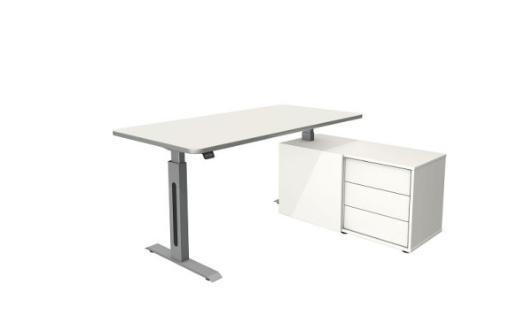 Kerkmann Move 1 Style table debout/assise avec buffet, structure argentée, réglable en hauteur électriquement de 740 à 1230 mm, blanc/argent, 10177010