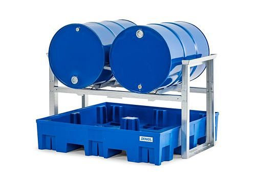 Râtelier à fûts DENIOS pour 2 fûts de 200 litres chacun, avec cuve en plastique, 1429 x 1235 x 837 mm, 291-783