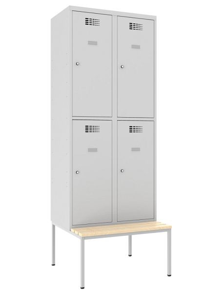 Armoire KEMMLIT avec 2 compartiments et 4 portes 30cm avec banc, gris clair 7035, loquet rotatif, 100289