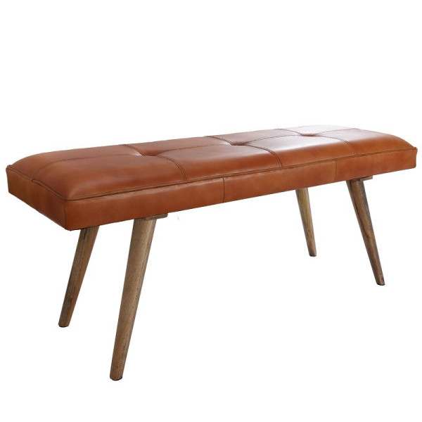 Banc Wohnling SALIM en cuir de chèvre / banc en bois massif 117x51x38 cm de style rétro, WL5.319