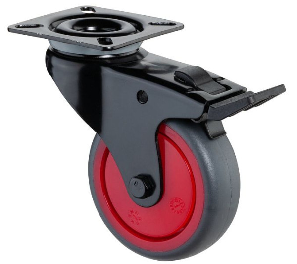 Roulettes BS Roulette pivotante avec frein noir, roue en caoutchouc thermoplastique gris, roulement à billes, platine, diamètre : 75 mm, lot de 4, A820.A85.075.03