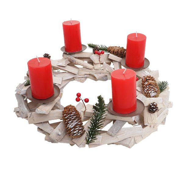 Couronne de l'Avent Mendler ronde, couronne de table de décoration de Noël, bois Ø 40cm blanc-gris, avec bougies, rouge, 56580