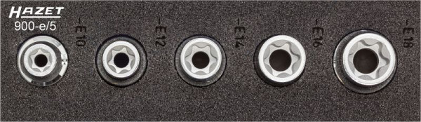 Jeu de douilles Hazet TORX®, 1/12, carré creux 12,5 mm (1/2 pouce), profil extérieur TORX®, E10 - E18, nombre d'outils : 5, 900-E/5