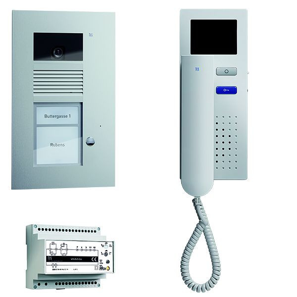 Vidéo de commande de porte TCS : pack AP 1 unité d'habitation, avec platine de rue AVU 1 bouton de sonnerie, 1x visiophone IVH3222, centrale VBVS05, PVU1610-0010