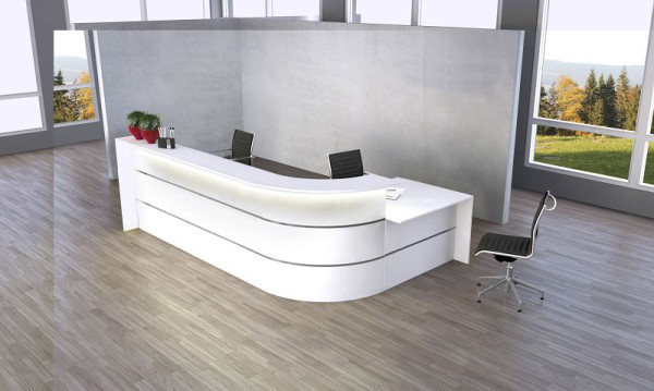 Kerkmann Bari grand comptoir en L avec zone de consultation, L 3700 mm x P 2000 mm x H 1120 mm, couleur : blanc, 21354610