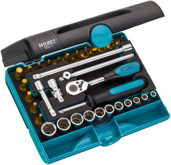 Jeu de clés à douilles Hazet, carré creux 6,3 mm, profil de traction 6 pans extérieurs, profil 6 pans intérieurs, profil cruciforme, nombre d'outils : 33, 854-1