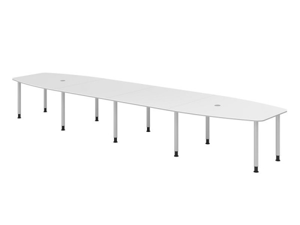 Table de conférence Hammerbacher KT52C, 520 x 130 cm, plateau : blanc, épaisseur 25 mm, bord duo 2 mm, cadre de dix pieds argenté, hauteur de travail 72-74 cm, VKT52C/W/S