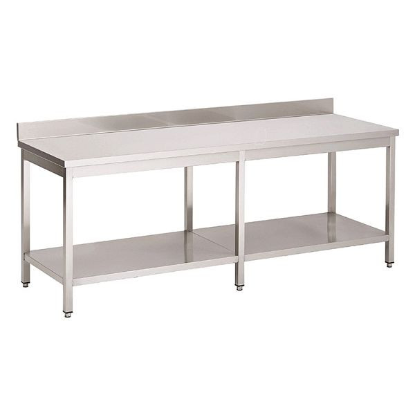 Table de travail Gastro-Inox en acier inoxydable AISI 430 avec base et dosseret, 2500x700x850mm, renforcée de 18 mm d'épaisseur, aggloméré enduit, 301.234