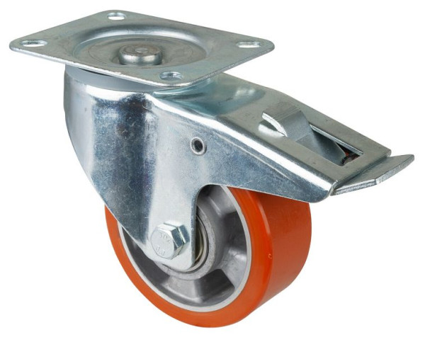 Rouleau de transport BS rollers avec frein, largeur 50 mm, Ø125 mm, jusqu'à 300 kg, bande de roulement en polyuréthane coulé, corps en aluminium, roulements à billes, LSS420.B90.125