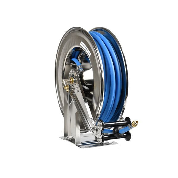 Enrouleur de tuyau Ebinger OSM 500, boîtier en acier inoxydable, fluide : air comprimé, tuyau de 25 m, 1.504.103