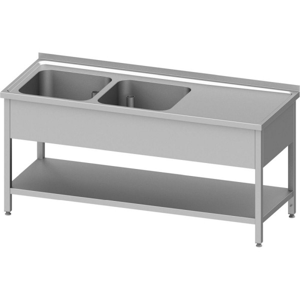Meuble évier Stalgast avec base 1100x700x850 mm, avec deux bacs à gauche, avec dosseret, soudé, VST11723LA