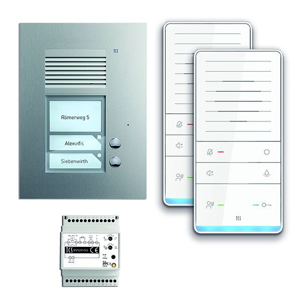 Système de commande de porte audio TCS : pack UP pour 2 unités résidentielles, avec poste extérieur PUK 2 boutons de sonnerie, 2x haut-parleur mains libres ISW5031, unité de commande BVS20, PAUF021 / 001