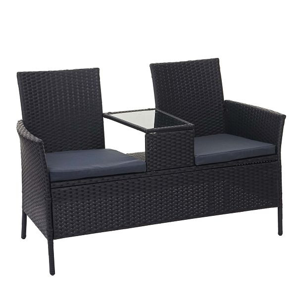 Banc en polyrotin Mendler avec table HWC-E24, groupe de sièges banc de jardin, canapé de jardin, 132cm, noir, coussins gris foncé, 65244