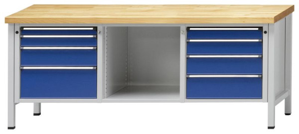 Établi ANKE 2000x700mm; Gauche 4 tiroirs 60.90, 150, 240 mm, milieu du compartiment ouvert Droite 4 tiroirs 90, 120, 150, 180 mm