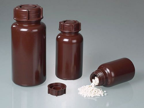 Flacon à col large DENIOS en LDPE, marron, par exemple pour liquides sensibles à la lumière, 500 ml, lot de 72, 309695