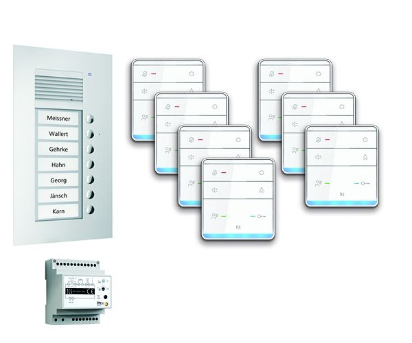 Système de commande de porte audio TCS : pack UP pour 7 unités d'habitation, avec poste extérieur PUK 7 boutons de sonnerie, 7x haut-parleur mains libres ISW5010, unité de commande BVS20, PPUF07-EN / 01